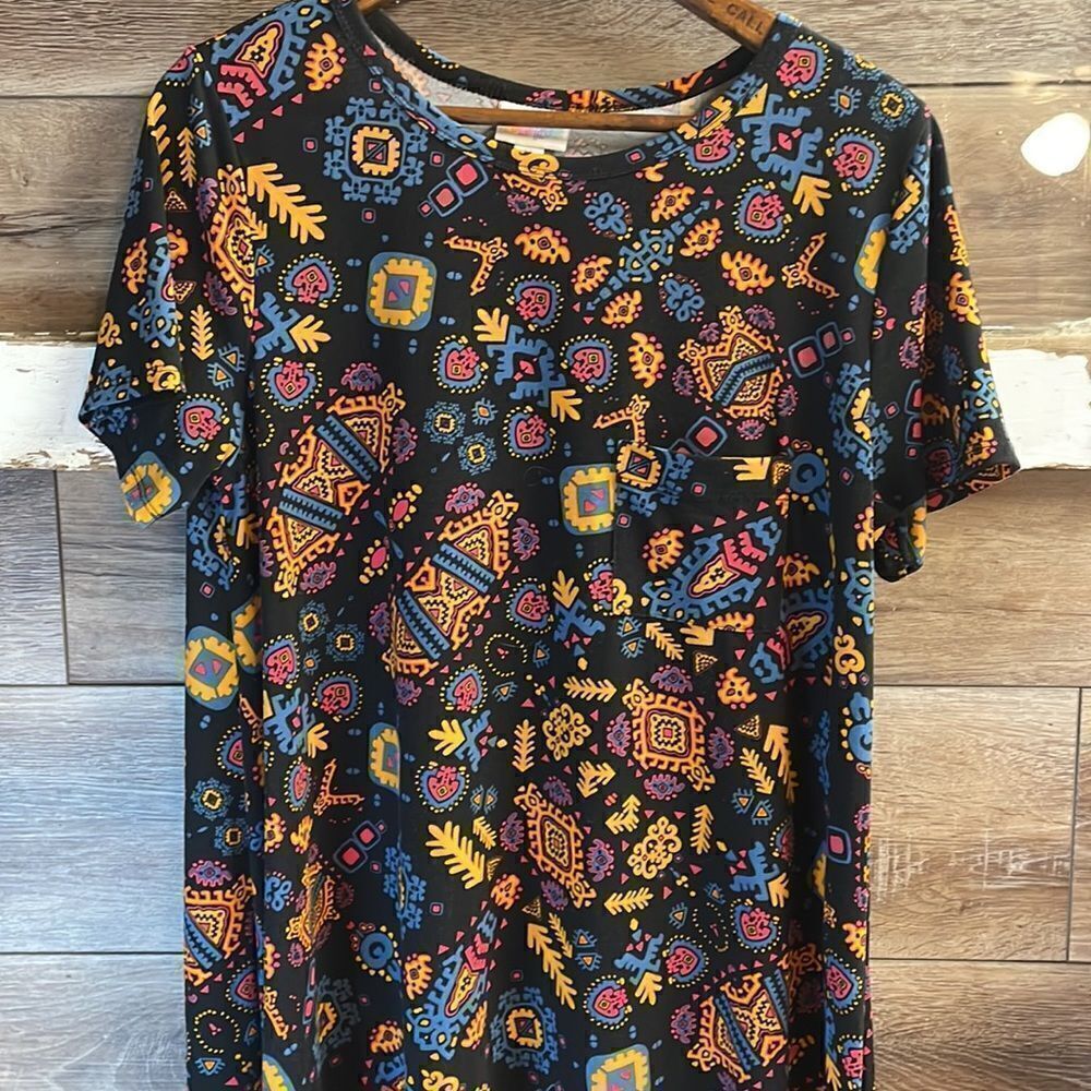 LulaRoe Ladies Carly Swing Dress Size M Black, Blue Yellow Pattern Color…
